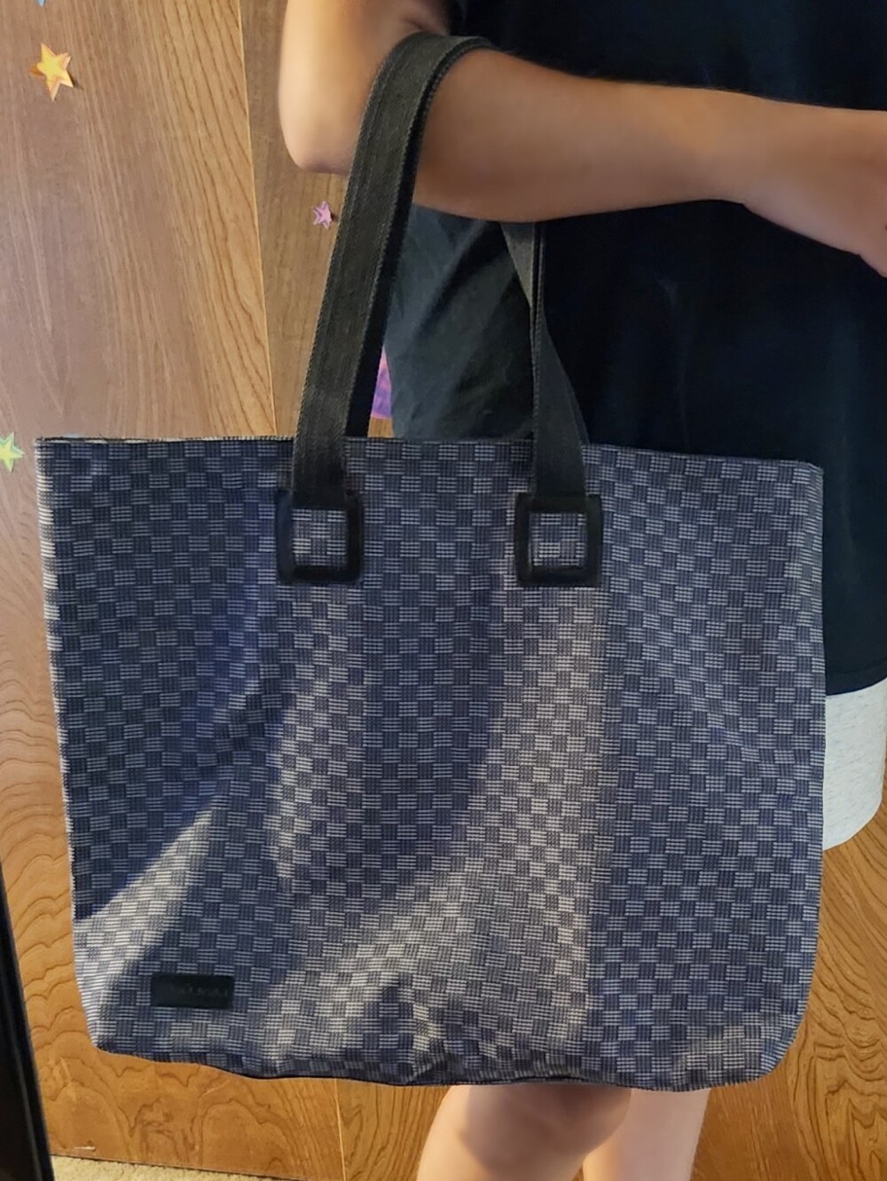 VTG Lancôme Tote Woven Checkered Canvas Pleather Lining Black Light Grey Lancome